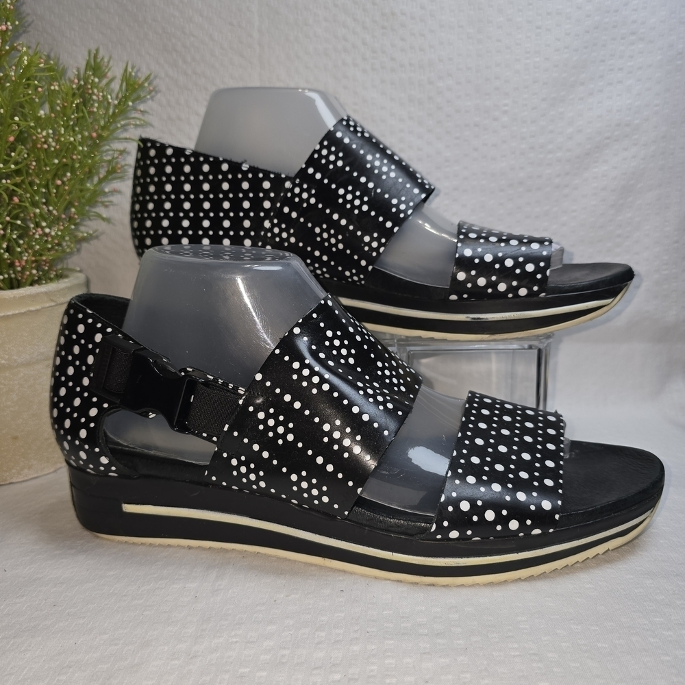MIISTA OF LONDON WOMENS SANDALS BLACK WHITE POLKA DOT WIDE STRAPS WEDGE SIZE 41